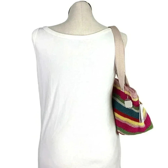 The Sak Mendocino Stripe Crochet Small Double Strap Zip Top Tote Vegan NEW Multi - Picture 6 of 11